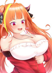 Rule 34 | 1girl, absurdres, ahoge, blonde hair, breasts, cleavage, fang, gradient eyes, highres, hololive, horns, jacket, kiryu coco, large breasts, mee don, multicolored eyes, multicolored hair, open mouth, orange hair, purple eyes, red eyes, skin fang, smile, solo, streaked hair, track jacket, virtual youtuber