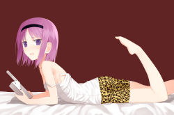 Rule 34 | 10s, 1girl, akitaka (pixiv12739753), animal print, bad anatomy, barefoot, bed sheet, black hair, from side, gokukoku no brynhildr, hairband, highres, kazumi schlierenzauer, leopard print, long hair, looking at viewer, lying, off shoulder, on stomach, open mouth, print shorts, purple eyes, purple hair, red background, shirt, short hair, shorts, simple background, solo, the pose, white shirt