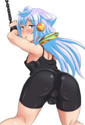 Rule 34 | 1boy, absurdres, androgynous, armpits, artist request, ass, ass focus, blue hair, blush, bulge, butt crack, chain-link fence, embarrassed, fence, from behind, hacka doll, hacka doll 3, highres, huge ass, long hair, looking at viewer, looking back, open mouth, purple eyes, shiny clothes, shiny skin, short shorts, shorts, simple background, solo, standing, sweat, testicles, trap, white background