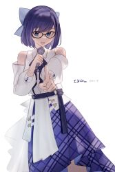 Rule 34 | 1girl, a-chan (hololive), absurdres, aragiken, blue eyes, bob cut, detached sleeves, dress, glasses, highres, holding, holding microphone, hololive, hololive idol uniform, idol, looking at viewer, microphone, open mouth, pointing, pointing at viewer, purple hair, purple skirt, skirt, virtual youtuber, white background, white dress