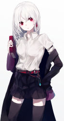 Rule 34 | 1girl, albino, arm belt, belt, belt buckle, black coat, black skirt, black thighhighs, book, breasts, buckle, coat, cowboy shot, earrings, gem, head tilt, highres, holding, holding book, jewelry, long hair, long sleeves, looking at viewer, medium breasts, ogami ren, original, parted lips, pleated skirt, red eyes, shirt, simple background, skirt, sleeves past wrists, solo, test tube, thighhighs, white background, white hair, white shirt, wing collar, zettai ryouiki