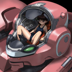 Rule 34 | 1girl, bare legs, bare shoulders, black background, black one-piece swimsuit, blush, brown eyes, brown hair, cameltoe, closed mouth, cockpit, hair tie, knees up, light, light smile, long hair, low twintails, lying, mecha, nose blush, on back, one-piece swimsuit, original, robot, rohitsuka, school swimsuit, seat, signature, simple background, solo, spread legs, swimsuit, tareme, twintails