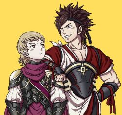 Rule 34 | 2boys, annoyed, arm on another&#039;s shoulder, armor, artist request, bell, black armor, blonde hair, brown hair, cape, fire emblem, fire emblem fates, grey eyes, grin, headband, height difference, japanese clothes, multiple boys, muscular, nintendo, one eye closed, pectorals, pout, puffy sleeves, red eyes, sash, shiro (fire emblem), short hair, siegbert (fire emblem), simple background, smile, spiked hair, yellow background