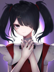 Rule 34 | 1girl, absurdres, ame-chan (needy girl overdose), black hair, black nails, closed mouth, dress, hair ornament, hair over one eye, highres, looking at viewer, needy girl overdose, own hands together, purple background, purple eyes, red vest, sakuma (yr 0920), smile, solo, twintails, upper body, vest, white dress, x hair ornament