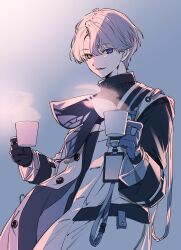 Rule 34 | 1boy, absurdres, adachi imaru, black coat, black gloves, blue background, blue eyes, coat, colored sclera, cup, gloves, gradient background, grey hair, grey sclera, hands up, heterochromia, highres, holding, holding cup, id card, looking at viewer, male focus, mismatched sclera, multicolored coat, parted lips, reverse:1999, short hair, solo, standing, steam, two-tone coat, upper body, white coat, x (reverse:1999), yellow eyes