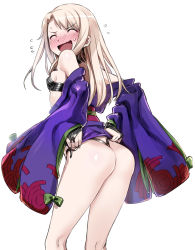 Rule 34 | 1girl, 774 (nanashi), alternate costume, ass, bare legs, bare shoulders, blush, breasts, cosplay, embarrassed, closed eyes, fate/grand order, fate/kaleid liner prisma illya, fate/stay night, fate (series), flying sweatdrops, illyasviel von einzbern, japanese clothes, kimono, nose blush, off shoulder, open mouth, prisma illya, shuten douji (fate) (cosplay), shuten douji (fate), silver hair, simple background, small breasts, solo, white background