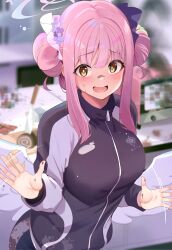 Rule 34 | 1girl, angel wings, black jacket, blue archive, blush, cake, chocolate, double bun, feathered wings, flower, food, hair bun, hair flower, hair ornament, halo, highres, jacket, knife, long sleeves, looking at viewer, mika (blue archive), open mouth, pink hair, pink halo, purple flower, sezok, short hair, solo, swiss roll, white wings, wings, yellow eyes