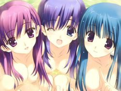 Rule 34 | 00s, 3girls, :d, ;d, alternate hairstyle, android, bath, bathing, blue eyes, blue hair, blush, breasts, caustics, frown, game cg, hair between eyes, hair down, happy, head tilt, himeyuri ruri, himeyuri sango, ilfa (to heart), index finger raised, light smile, lineup, looking at viewer, mitsumi misato, multiple girls, nakamura takeshi, nipples, nude, one eye closed, open mouth, partially submerged, purple eyes, purple hair, robot ears, same-sex bathing, shared bathing, siblings, sisters, smile, to heart (series), to heart 2, to heart 2 xrated, twins, upper body, water, wet