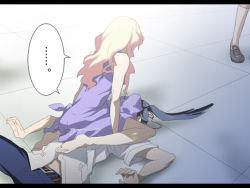 Rule 34 | 00s, 1boy, 1girl, artist request, barefoot, belt, blonde hair, blue hair, dress, feet, girl on top, legs, letterboxed, long hair, lying, macross, macross frontier, on back, pants, ponytail, saotome alto, sheryl nome, sitting, sitting on person, upskirt