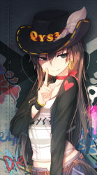 Rule 34 | 1girl, belt, black eyes, black jacket, brown hair, choker, closed mouth, collarbone, cowboy hat, denim, earrings, facial tattoo, graffiti, hat, hat ornament, heart, heart tattoo, highres, hoop earrings, index finger raised, jacket, jewelry, long hair, long sleeves, looking at viewer, open clothes, open jacket, original, qian ye (qys3), qys3, red ribbon, ribbon, ribbon choker, shirt, smile, solo, standing, tattoo, upper body