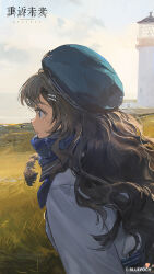 Rule 34 | 1girl, :o, absurdres, beret, blue eyes, blue hat, blue scarf, blue sky, brown hair, cloud, copyright name, copyright notice, curly hair, day, dress, from side, grass, hat, highres, hill, horizon, landscape, lighthouse, logo, long hair, long skirt, long sleeves, marcus (reverse:1999), mole, mole under eye, nature, ocean, official art, official wallpaper, outdoors, profile, reverse:1999, scarf, skirt, sky, solo, upper body, white dress