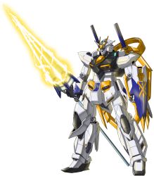 Rule 34 | clenched hand, electricity, energy spear, full body, gundam, highres, holding, holding weapon, lance, mecha, no humans, polearm, robot, rx 78ssl, saraki yukata, sheath, sheathed, shield, standing, transparent background, weapon