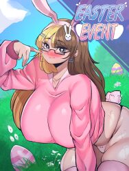 Rule 34 | 1girl, absurdres, animal ears, black eyes, blonde hair, blush, breasts, brown hair, collarbone, e-girl roommate, easter, easter egg, egg, english text, fake animal ears, female focus, glasses, grass, heart, heart-shaped pupils, highres, huge breasts, looking at viewer, multicolored hair, no pants, nyakugames, original, outdoors, panties, pink panties, pink sweater, rabbit ears, rabbit tail, shiny skin, sky, smile, solo, sweater, symbol-shaped pupils, thick thighs, thighs, two-tone hair, underwear, wide hips
