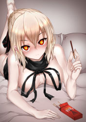 Rule 34 | 1girl, ahoge, artoria pendragon (all), artoria pendragon (fate), black sweater, blonde hair, blush, bow, braid, breasts, dark persona, drawstring, dress, fate/grand order, fate (series), food, glasses, hair bow, highres, kagura ren, large breasts, looking at viewer, lying, meme attire, mysterious heroine x alter (fate), mysterious heroine x alter (third ascension) (fate), naked sweater, on stomach, pocky, red eyes, saber (fate), saber alter, solo, sweater, sweater dress, turtleneck, turtleneck sweater, virgin killer sweater, yellow eyes