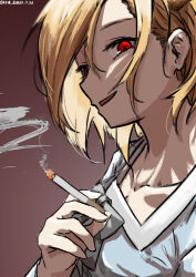 Rule 34 | 1girl, absurdres, blonde hair, blue shirt, cigarette, dragon girl, highres, holding, holding cigarette, kicchou yachie, looking at viewer, one-hour drawing challenge, red eyes, shirt, short hair, smoke, smoking, square neckline, touhou, ve1024
