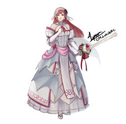 Rule 34 | 1girl, alternate costume, artist name, bridal gauntlets, bride (fire emblem), cherche (fire emblem), cm lynarc, dress, fire emblem, fire emblem awakening, fire emblem heroes, flower, full body, hair flower, hair ornament, highres, holding, holding sword, holding weapon, long hair, looking at viewer, nintendo, pink eyes, pink hair, signature, smile, solo, sword, weapon, wedding dress, white background, white dress