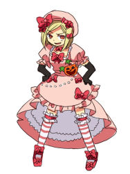 Rule 34 | 1girl, black gloves, blonde hair, bow, dress, elbow gloves, em crazy, footwear bow, gloves, hands on own hips, hat, jack-o&#039;-lantern, lambdadelta, parted bangs, pink hat, pink thighhighs, red eyes, simple background, smile, solo, striped clothes, striped thighhighs, thighhighs, umineko no naku koro ni, white background, white thighhighs