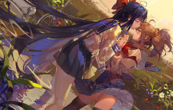 Rule 34 | 10s, 2girls, ahoge, bicycle, blue flower, blue hair, blue skirt, bow, brown hair, commentary request, crying, flower, from side, hair bow, hair ornament, hairclip, holding hands, interlocked fingers, kawacy, long hair, long sleeves, looking at another, multiple girls, open mouth, parody, pipimi, plant, pleated skirt, pond, poptepipic, popuko, red flower, school uniform, skirt, tears, toki wo kakeru shoujo, tongue, tongue out, twintails, very long hair, wading, white flower, yuri