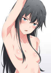 Rule 34 | 1girl, absurdres, armpit focus, armpits, arms up, black hair, blue eyes, blush, breasts, collarbone, completely nude, convenient censoring, hair censor, hair over breasts, highres, long hair, looking at viewer, nude, open mouth, shou937, sidelocks, simple background, small breasts, solo, upper body, v-shaped eyebrows, white background, yahari ore no seishun lovecome wa machigatteiru., yukinoshita yukino