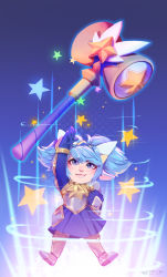 Rule 34 | 1girl, absurdres, alternate costume, armor, armored boots, blue eyes, blue hair, boots, hair ornament, hammer, highres, league of legends, long hair, magical girl, matching hair/eyes, pointy ears, poppy (league of legends), skirt, solo, star (symbol), star guardian (league of legends), star guardian poppy, twintails, yordle