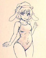 Rule 34 | 1girl, alternate costume, animal ears, bare legs, blush, breasts, cabbie hat, commentary request, covered navel, cowboy shot, d-m (dii emu), embarrassed, eyelashes, flat cap, floppy ears, greyscale, hat, looking at viewer, monochrome, moon rabbit, one-piece swimsuit, open mouth, rabbit ears, rabbit girl, ringo (touhou), sketch, small breasts, swimsuit, touhou, traditional media