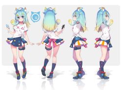 Rule 34 | 1girl, ahoge, animal ear fluff, animal ears, blonde hair, blue eyes, blue footwear, blue hair, blue legwear, blue skirt, cellphone, closed mouth, commentary, concept art, contrapposto, english commentary, gradient hair, holding, holding phone, hong (white spider), indie virtual youtuber, lanmewko, looking at viewer, miniskirt, multicolored hair, multiple views, phone, prehensile hair, shirt, shoes, short sleeves, skirt, smartphone, smile, socks, white shirt