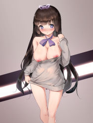 Rule 34 | 1girl, bad id, bad pixiv id, bare shoulders, blunt bangs, blush, breast milk, breasts, breasts out, cleavage, clothes pull, collarbone, commentary request, crossed legs, gluteal fold, grey shirt, hair ornament, hand up, heart, heart-shaped pupils, highres, knees, lactation, lactation through clothes, large breasts, legs, long hair, long sleeves, looking at viewer, neck ribbon, nipples, off shoulder, original, parted lips, pulling own clothes, purple eyes, purple ribbon, ribbon, shiny skin, shirt, shirt pull, shirt tug, sidelocks, solo, standing, symbol-shaped pupils, thigh gap, yashemao qishi