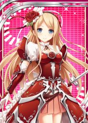 Rule 34 | 1girl, akkijin, armor, blonde hair, blue eyes, card, cowboy shot, dress, floral print, flower, hair flower, hair ornament, holding, holding sword, holding weapon, knight, long hair, looking at viewer, red dress, red flower, red rose, rose, rose print, shinkai no valkyrie, smile, solo, sparkle, sword, very long hair, weapon