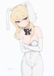 Rule 34 | 1girl, animal ears, bare shoulders, black ribbon, blonde hair, blush, breasts, cleavage, closed mouth, collarbone, commentary, detached collar, detached sleeves, fake animal ears, flower, genshin impact, hair flower, hair ornament, head tilt, highres, leotard, looking at viewer, lumine (genshin impact), medium breasts, neck ribbon, pantyhose, playboy bunny, q (oshikuraq), rabbit ears, ribbon, short hair with long locks, sidelocks, simple background, solo, strapless, strapless leotard, sweatdrop, twitter username, white background, white leotard, white pantyhose, wrist cuffs, yellow eyes
