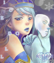Rule 34 | 10s, 1girl, bare shoulders, blue eyes, blue hair, blue rose (tiger &amp; bunny), boots, brown hair, dual persona, earrings, elbow gloves, gloves, gradient hair, hat, jewelry, karina lyle, hugging own legs, long hair, mask, matching hair/eyes, multicolored hair, solo, superhero costume, thigh boots, thighhighs, tiger &amp; bunny, unbrfjsn