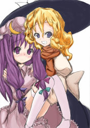 Rule 34 | 2girls, :d, blonde hair, blue eyes, blush, carrying, crescent, crescent hair ornament, dress, fang, female focus, frown, hair ornament, hat, kirisame marisa, long hair, long sleeves, mob cap, multiple girls, nose blush, open mouth, patchouli knowledge, princess carry, purple dress, purple eyes, purple hair, scarf, simple background, smile, teeth, thighhighs, touhou, white background, witch hat