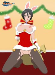 Rule 34 | 1girl, absurdres, black hair, bleach, breasts, christmas, christmas ornaments, cosplay, female focus, full body, hair ornament, highres, kuchiki rukia, large breasts, legs apart, looking at viewer, mature female, nude, pantyhose, pussy, rabbit, rabbit ears, rabbit hair ornament, santa claus, santa claus (cosplay), short hair, solo