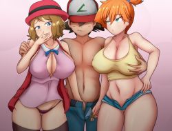 Rule 34 | 1boy, 2girls, ash ketchum, black thighhighs, blue eyes, breasts, brown hair, cleavage, creatures (company), cucarachaaa, denim, denim shorts, faceless, faceless male, ffm threesome, game freak, grabbing, grabbing another&#039;s breast, green eyes, groping, group sex, highres, large breasts, light brown hair, misty (pokemon), multiple girls, nintendo, orange hair, pimp, pokemon, pokemon (anime), pokemon (classic anime), pokemon xy (anime), serena (pokemon), sex, shirt, short hair, shorts, standing, tank top, thick thighs, thighhighs, thighs, thong, threesome, wide hips, yellow shirt, yellow tank top