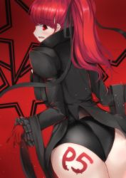 Rule 34 | 1girl, ass, black jacket, black leotard, blush, breasts, embarrassed, female focus, from behind, gloves, highres, jacket, leotard, long hair, looking at viewer, looking back, mask, unworn mask, matching hair/eyes, nodoameyatou, open mouth, persona, persona 5, persona 5 the royal, ponytail, red eyes, red gloves, red hair, shiny skin, solo, standing, wavy mouth, yoshizawa kasumi