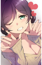 Rule 34 | 1girl, blush, breasts, cleavage, clenched teeth, collarbone, duke (inu daimyou), gradient background, green eyes, grey background, heart, large breasts, looking at viewer, love live!, love live! school idol project, one eye closed, purple hair, sleeves past wrists, solo, sweater, teeth, tojo nozomi, upper body, yellow sweater