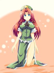 Rule 34 | 1girl, bad id, bad pixiv id, barefoot, blue eyes, braid, breasts, china dress, chinese clothes, dress, embodiment of scarlet devil, female focus, full body, hat, highres, hong meiling, large breasts, long hair, red hair, smile, solo, touhou, twin braids, wedge (tyrl stride)
