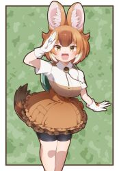 Rule 34 | 1girl, animal ears, brown eyes, brown hair, dhole (kemono friends), drias, extra ears, gloves, green background, hat, highres, kemono friends, kemono friends 3, leggings, looking at viewer, multicolored hair, open mouth, shirt, short hair, simple background, skirt, smile, solo, tail, two-tone hair, white hair