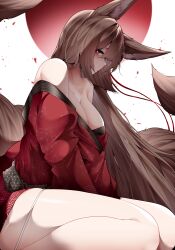 Rule 34 | 1girl, absurdres, amagi (azur lane), animal ears, azur lane, breasts, brown hair, brown tail, cleavage, collarbone, feet out of frame, fox ears, fox girl, fox tail, hair over eyes, highres, japanese clothes, kimono, kitsune, kyuubi, large breasts, long hair, looking at viewer, multiple tails, purple eyes, red kimono, samip, sitting, solo, tail, wariza