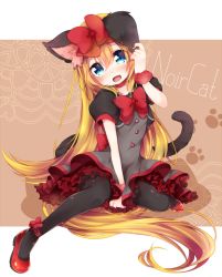 Rule 34 | 1girl, animal ears, ankle bow, ankle ribbon, black pantyhose, blonde hair, blue eyes, bow, cat ears, cat tail, dokidoki! precure, dress, fang, hair bow, kofa (ikyurima), leg ribbon, long hair, looking at viewer, open mouth, pantyhose, paw print, petticoat, precure, regina (dokidoki! precure), ribbon, short sleeves, smile, solo, tail, transparent background, very long hair