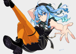 Rule 34 | 1girl, ahoge, bare arms, belt, beret, black dress, black footwear, black hat, blue eyes, blue hair, boots, bow, bowtie, breasts, dress, hat, highres, hololive, hoshimachi suisei, hoshimachi suisei (streetwear), knees together feet apart, legs, long hair, one eye closed, one side up, open mouth, orange pantyhose, otama (atama ohanabatake), outstretched arm, pantyhose, reaching, reaching towards viewer, simple background, sleeveless, sleeveless dress, small breasts, solo, star (symbol), star in eye, symbol in eye, thigh strap, twitter username, virtual youtuber, white background