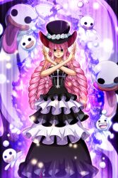 Rule 34 | 1girl, aura, bare arms, bare shoulders, black eyes, breasts, cleavage, crossed arms, devil fruit, dress, drill hair, ghost, hat, horo horo no mi, large breasts, lipstick, long hair, looking at viewer, makeup, official art, one piece, perona, pink hair, shoulder tattoo, tattoo, very long hair, wide hips