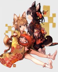 Rule 34 | 1boy, 1girl, 2018, :3, :d, animal ears, black hair, black kimono, brown eyes, brown hair, chinese zodiac, commentary request, daruma doll, dog ears, dog tail, flower, hair flower, hair ornament, hairpin, highres, japanese clothes, kimono, lee hyeseung, long sleeves, looking at viewer, looking back, new year, no shoes, obi, open mouth, original, sash, seiza, signature, sitting, smile, socks, tail, thick eyebrows, white legwear, wide sleeves, year of the dog, yellow kimono