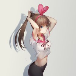 Rule 34 | 1girl, arms behind head, black pants, blue eyes, breasts, brown hair, collarbone, commentary request, cowboy shot, crop top, from side, hair ribbon, hairband, hanker, highres, kizuna ai, kizuna ai inc., long hair, looking at viewer, medium breasts, navel, pants, pink ribbon, pink sailor collar, ponytail, ribbon, sailor collar, shirt, short sleeves, sideways glance, skin tight, solo, standing, stomach, sweat, tying hair, virtual youtuber, wet, wet clothes, wet shirt, white background, white shirt