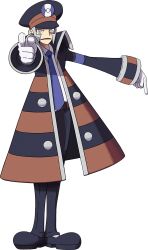 Rule 34 | 1boy, armband, belt, belt buckle, black coat, black footwear, black hat, black pants, blue necktie, brown belt, brown coat, buckle, coat, collared shirt, creatures (company), frown, full body, game freak, gloves, grey eyes, grey hair, hat, highres, ingo (pokemon), long sleeves, looking at viewer, male focus, necktie, nintendo, official art, oomura yuusuke, open clothes, open coat, open mouth, pants, pointing, pointing at viewer, pointing down, pokemon, pokemon bw, shirt, shoes, short hair, sideburns, solo, standing, striped, striped coat, transparent background, white gloves, white shirt