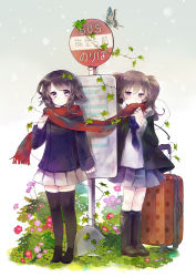 Rule 34 | 2girls, absurdres, boots, brown hair, bug, bus stop, buttons, coat, flower, grass, hairband, hanekoto, highres, insect, jacket, light smile, moth, multiple girls, necktie, original, purple eyes, red scarf, scarf, shared clothes, shared scarf, sign, skirt, smile, suitcase, tears, thighhighs, twintails