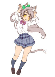 Rule 34 | 10s, 1girl, animal ears, blue socks, bow, bowtie, cat ears, cat tail, clenched hands, collared shirt, green bow, grey hair, hair bow, kemonomimi mode, kneehighs, loafers, long hair, long sleeves, looking at viewer, love live!, love live! school idol project, minami kotori, one side up, otonokizaka school uniform, paw pose, rabbit pose, red bow, red bowtie, school uniform, shinanoya (satanicad), shirt, shoes, simple background, skirt, sleeves rolled up, smile, socks, solo, striped bow, striped bowtie, striped clothes, striped neckwear, tail, white background, white shirt, yellow eyes