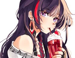 Rule 34 | 1girl, absurdres, bare shoulders, beamed eighth notes, black gloves, black hair, braid, commentary, cup, drinking straw, earrings, fingerless gloves, food, fruit, gloves, hand up, highres, holding, holding cup, honkai (series), honkai impact 3rd, jewelry, long hair, looking at viewer, mofumanju, multicolored hair, musical note, nail polish, parted lips, purple eyes, quarter note, raiden mei, red hair, red nails, simple background, solo, strawberry, streaked hair, upper body, white background