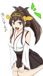 Rule 34 | 10s, 1girl, alternate hairstyle, bad id, bad pixiv id, bare shoulders, blush, brown eyes, brown hair, detached sleeves, double bun, hair bun, highres, kantai collection, kongou (kancolle), long hair, nontraditional miko, ponytail, ribbon-trimmed sleeves, ribbon trim, shigure ryuunosuke, skirt, solo, translated, wide sleeves