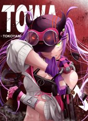 Rule 34 | 1girl, absurdres, apex legends, asymmetrical gloves, axe, b3 wingman, baseball cap, black hat, breasts, character name, cleavage, cropped jacket, dual wielding, ear piercing, fingerless gloves, gloves, goggles, goggles on headwear, gun, hair behind ear, handgun, hat, highres, holding, holding axe, holding gun, holding weapon, hololive, jacket, mismatched gloves, off shoulder, one eye covered, piercing, pink gloves, purple gloves, purple hair, ranartx, raven&#039;s bite, solo, tokoyami towa, twintails, virtual youtuber, weapon, white jacket