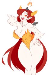 Rule 34 | 1girl, abs, adapted costume, arm behind head, breasts, cleavage, colored sclera, demon girl, fire, fire, grin, hair over one eye, hand on own hip, hanzo (2929), hekapoo, highleg, highleg leotard, highres, horns, large breasts, leaning forward, leotard, long hair, muscular, muscular female, open mouth, orange eyes, pointy ears, red hair, smile, star vs the forces of evil, tiara, toned, very long hair, yellow sclera